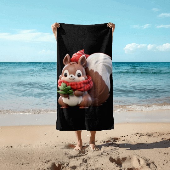 Festive Squirrel with Plaid Hat and Scarf Beach Towels