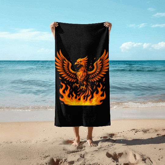 Fiery Phoenix Rising Illustration Beach Towels