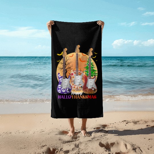 Happy HalloThanksMas Guitar  Beach Towels