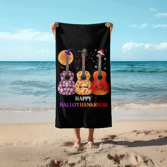 Happy HalloThanksMas Guitar  Beach Towels