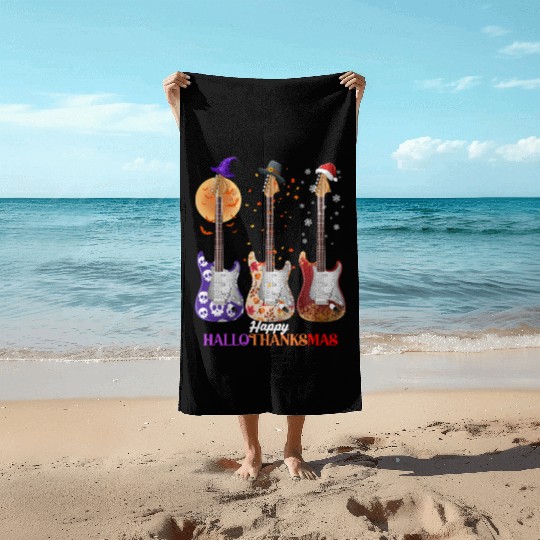 Happy HalloThanksMas Guitar  Beach Towels