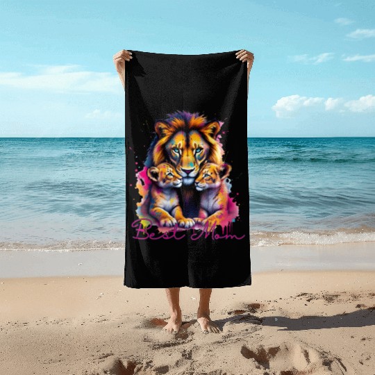 Colorful Lion Cubs and Mother Design Beach Towels