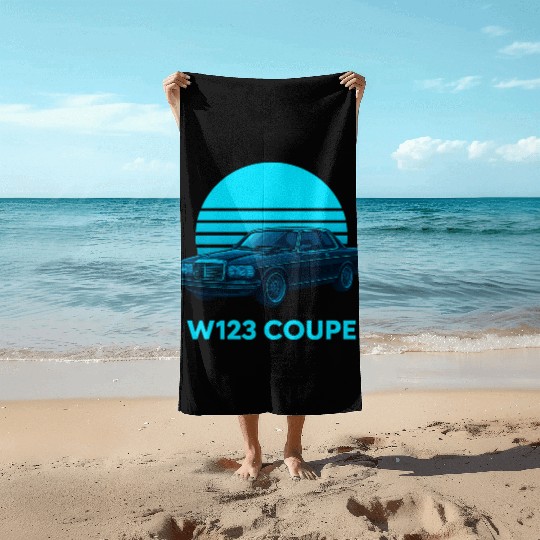 Black W123 Coupe – Neon Retro 80s Style Automotive Beach Towels