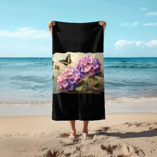 Hydrangea Flowers and Butterflies Colorful Nature Beach Towels
