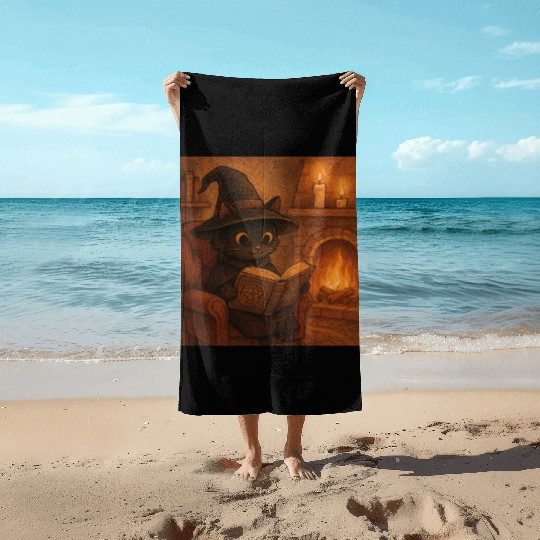 Enchanted Cat Witch by the Fireplace Beach Towels