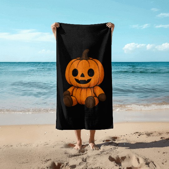 Pumpkin Plush Toy with Jack-o'-Lantern Face Beach Towels