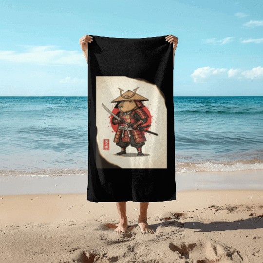 Anthropomorphic Warrior Hamster in Samurai Armor Beach Towels