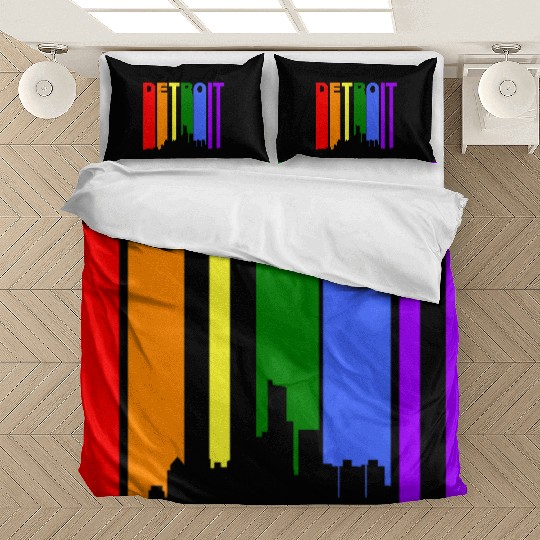 Detroit Michigan Gay Pride Rainbow Skyline Bedding Sets