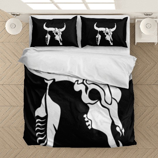 Tribal White Longhorn Bull Skull w White Feather Bedding Sets