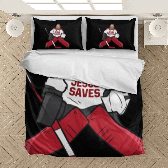 Funny Hockey Jesus Saves Hockey Goalie Bedding Sets