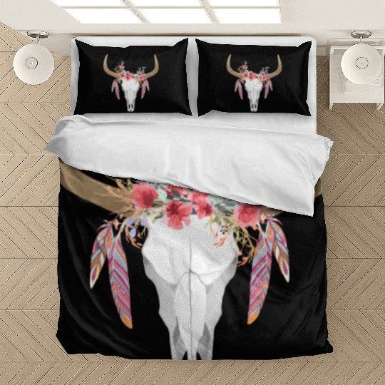 Floral Cow Skull With Feathers Bull Skull Bedding Sets