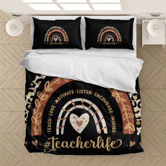 Boho Leopard Rainbow Teacher Life Teach Love Bedding Sets