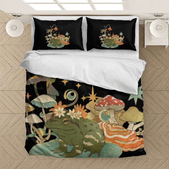 Cottagecore with frog, mushrooms and hummingbird Bedding Sets