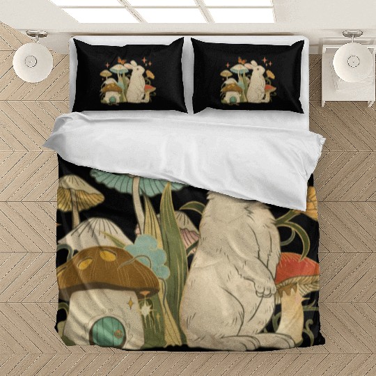 Cottagecore with bunny, mushrooms and butterfly Bedding Sets
