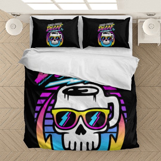 Death Before Decaf (Skull Mug) Retro Neon 80s 90s Bedding Sets