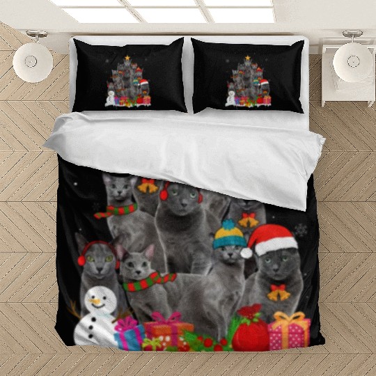 Funny Russian Blue Christmas Tree Pet Cat Lover Bedding Sets