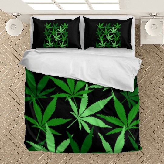 Green cannabis or marijuana painting on black back Bedding Sets