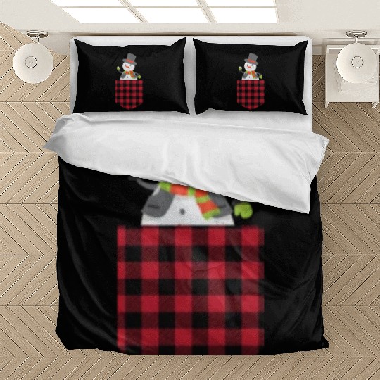 Christmas Cute Snowman In Buffalo Plaid Pocket Bedding Sets