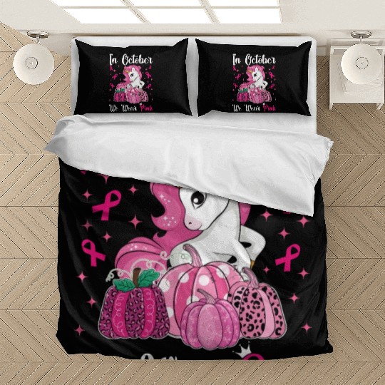 In October We Wear Pink Unicorn Breast Cancer Bedding Sets
