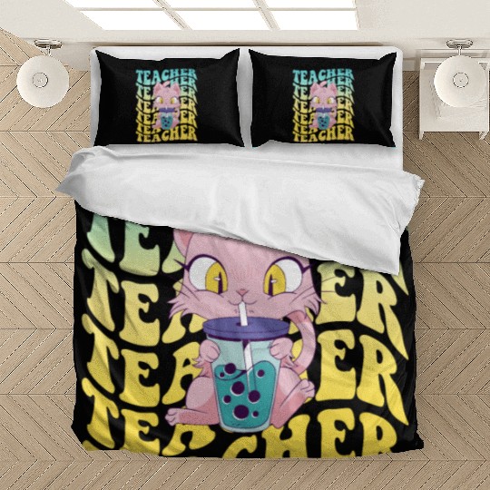 Boba Tea Teacher Kawaii Cat Groovy Back To School Bedding Sets