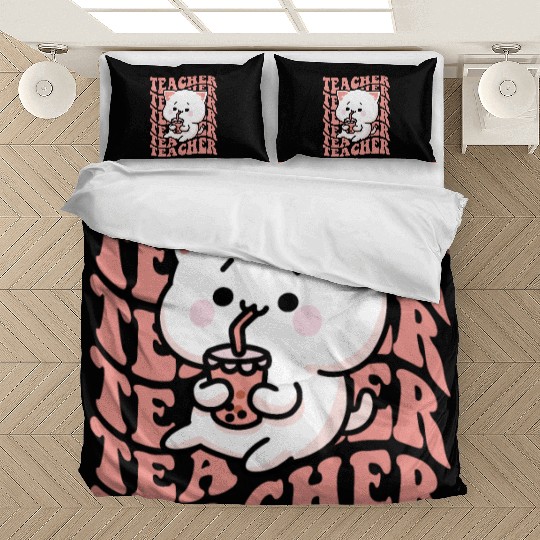 Boba Tea Teacher Cute Kawaii Cat Back To School Bedding Sets