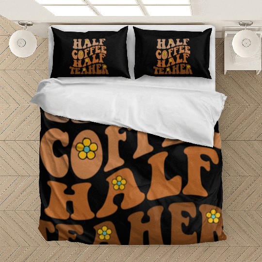 Half Coffee Half Teacher Groovy Wavy Design Bedding Sets