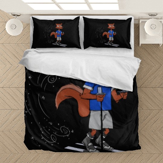 Winter fox goes skiing with polls and boots blue Bedding Sets