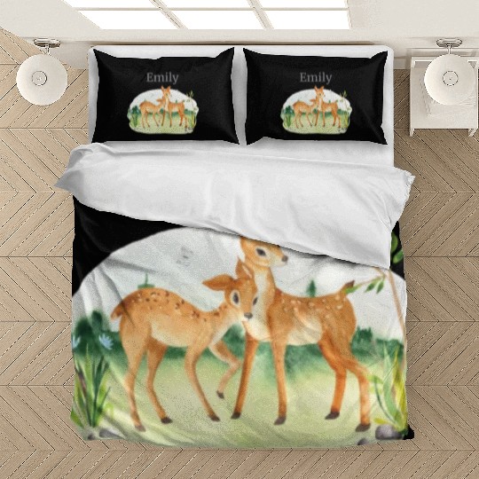 Forest Animal Deer Flowers Name Emily Bedding Sets