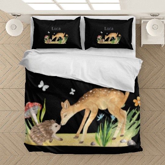 Forest Animal Deer Hedgehog Flowers Name Luca Bedding Sets