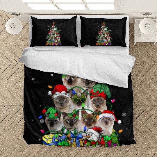 Cat Lover Funny Siamese Tree Christmas Light Bedding Sets