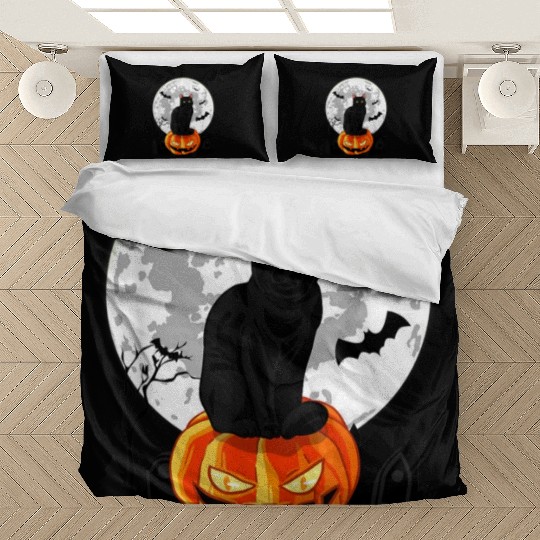Black Cat On Pumpkin Bedding Sets Full Moon Halloween