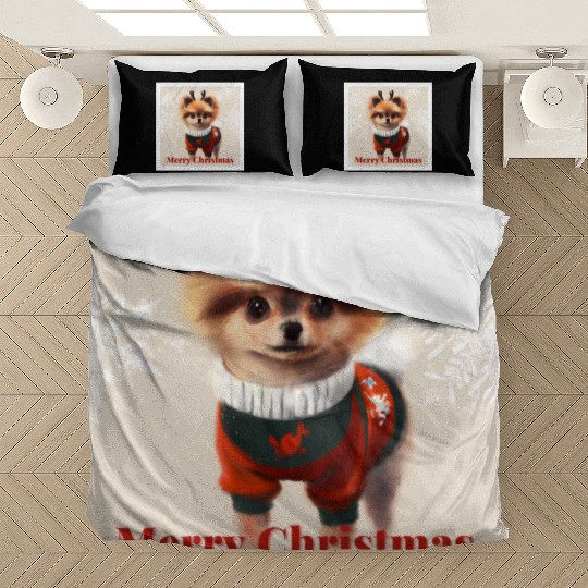 Sweet Miniature Spitz pomeranian in a Christmas. Bedding Sets