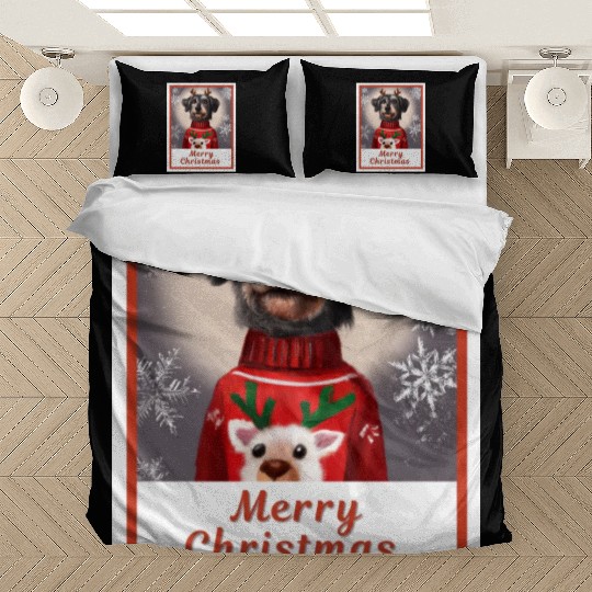Miniature Black Schnauzer in a Christmas sweater. Bedding Sets