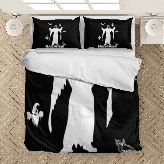 Scary Ghosts And Bats Black And White Graphic Tees Bedding Sets