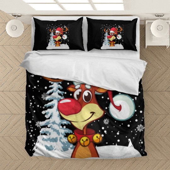 Funny Reindeer Red Nose Santa Snowflake Bedding Sets