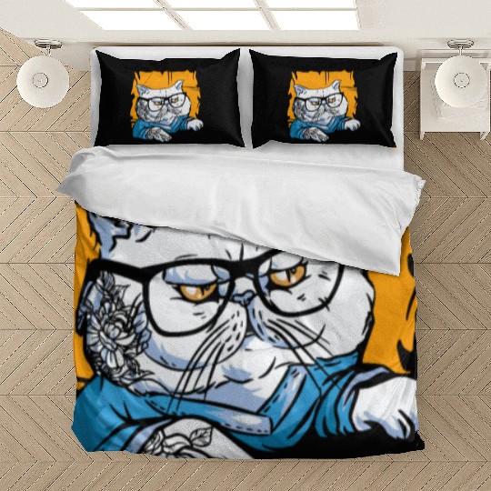 Stylish Nerd Persian Cat Beanie Glasses Tattoo Bedding Sets