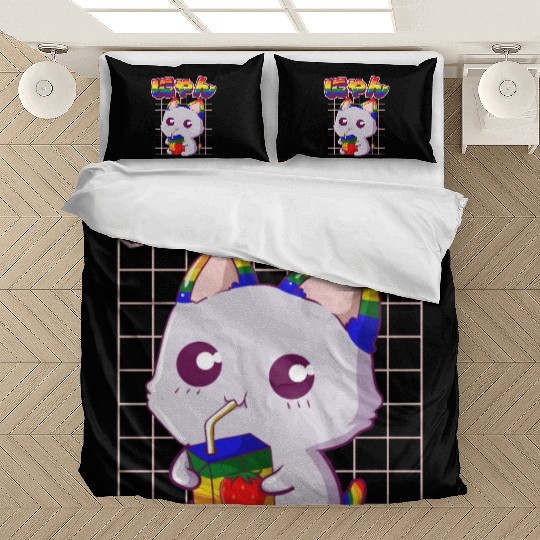 Gay Pride Kawaii Cat Strawberry Milk Rainbow Flag Bedding Sets