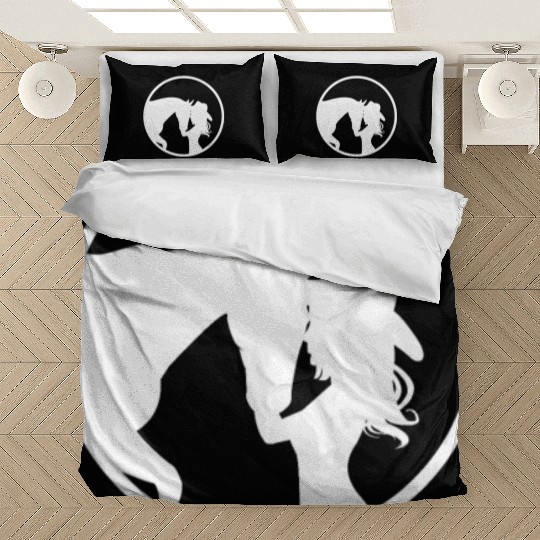 Silhoutte of a girl kissing a horse - horse girl Bedding Sets