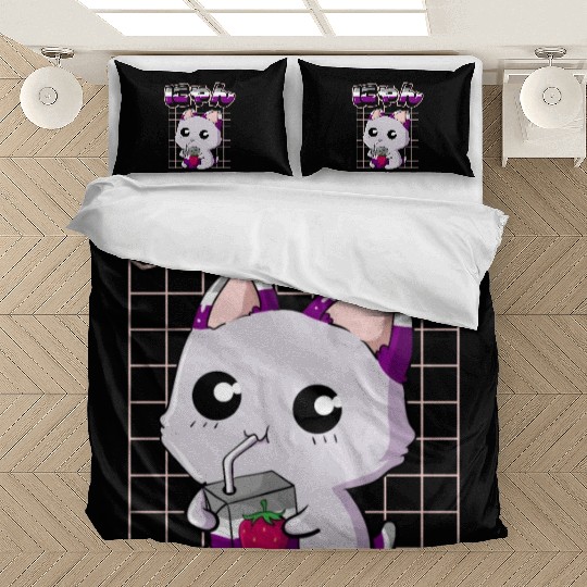 Asexual Pride Kawaii Cat Strawberry Milk Asexual F Bedding Sets