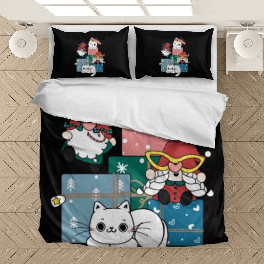 cute gnome and kitty cats on present gift box Bedding Sets