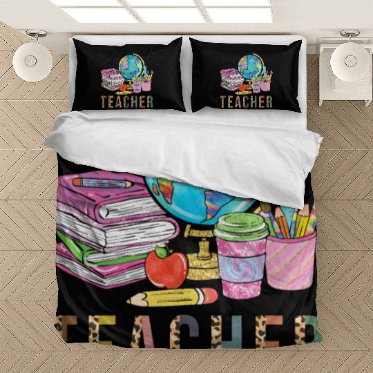 Cute Teacher Leopard Print Globe First Day of Bedding Sets