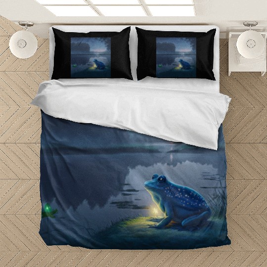 Blue Frog and Firefly on a pond at Night Bedding Sets