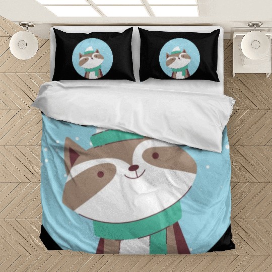 kawaii cute funny raccoon feels cold in winter Bedding Sets