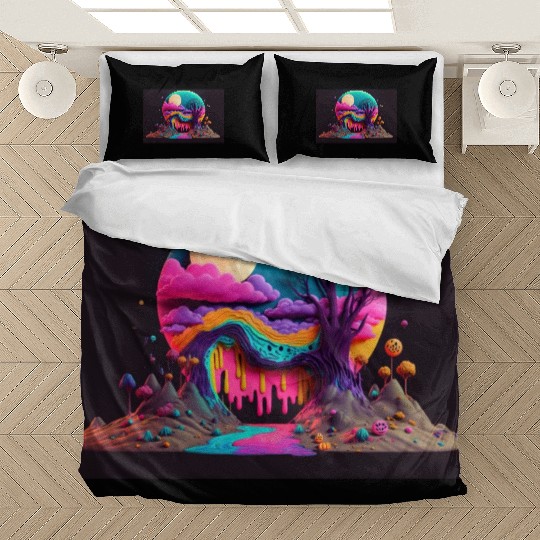 Spooky Full Moon Psychedelic Landscape Paint Drips Bedding Sets