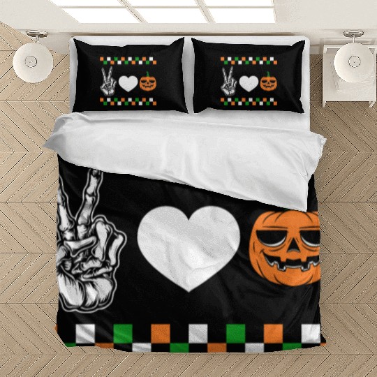 Halloween Bedding Sets, Peace Love Pumpkin Skeleton Hand