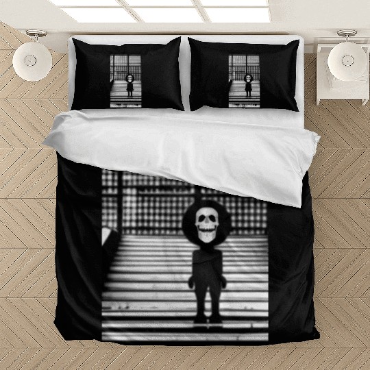 Scary Skull in Bedding Sets Standing on the Steps Street