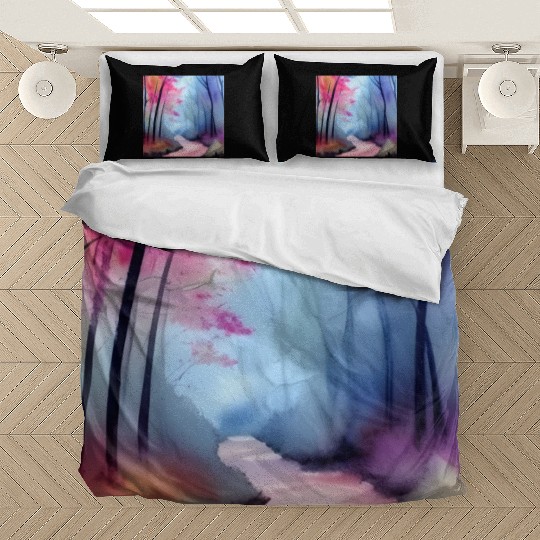 Pink and blue watercolor trees Bedding Sets