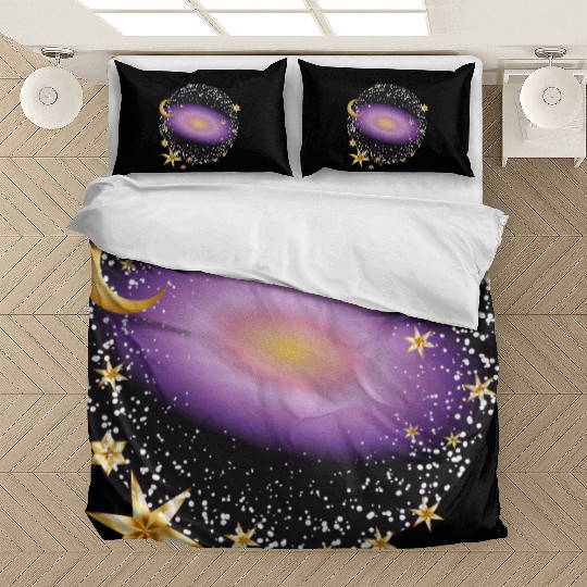 glowing violet galaxy with moon and stars Bedding Sets