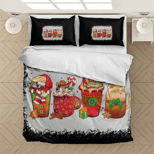 Christmas Coffee Cup Bleached Bedding Sets