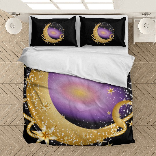 glowing violet galaxy with moon and stars Bedding Sets